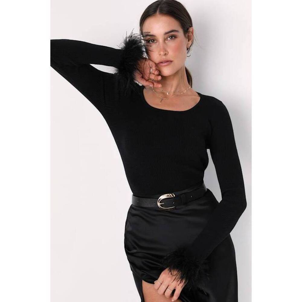 Lulus Material Girl Black Ribbed Feather Cuff Sweater Top - Size L